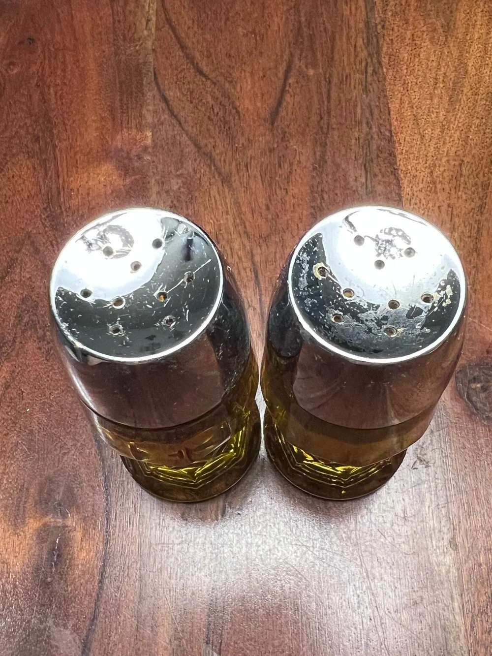 Vintage Amber Glass Salt & Pepper Shakers Silver Tone MCM